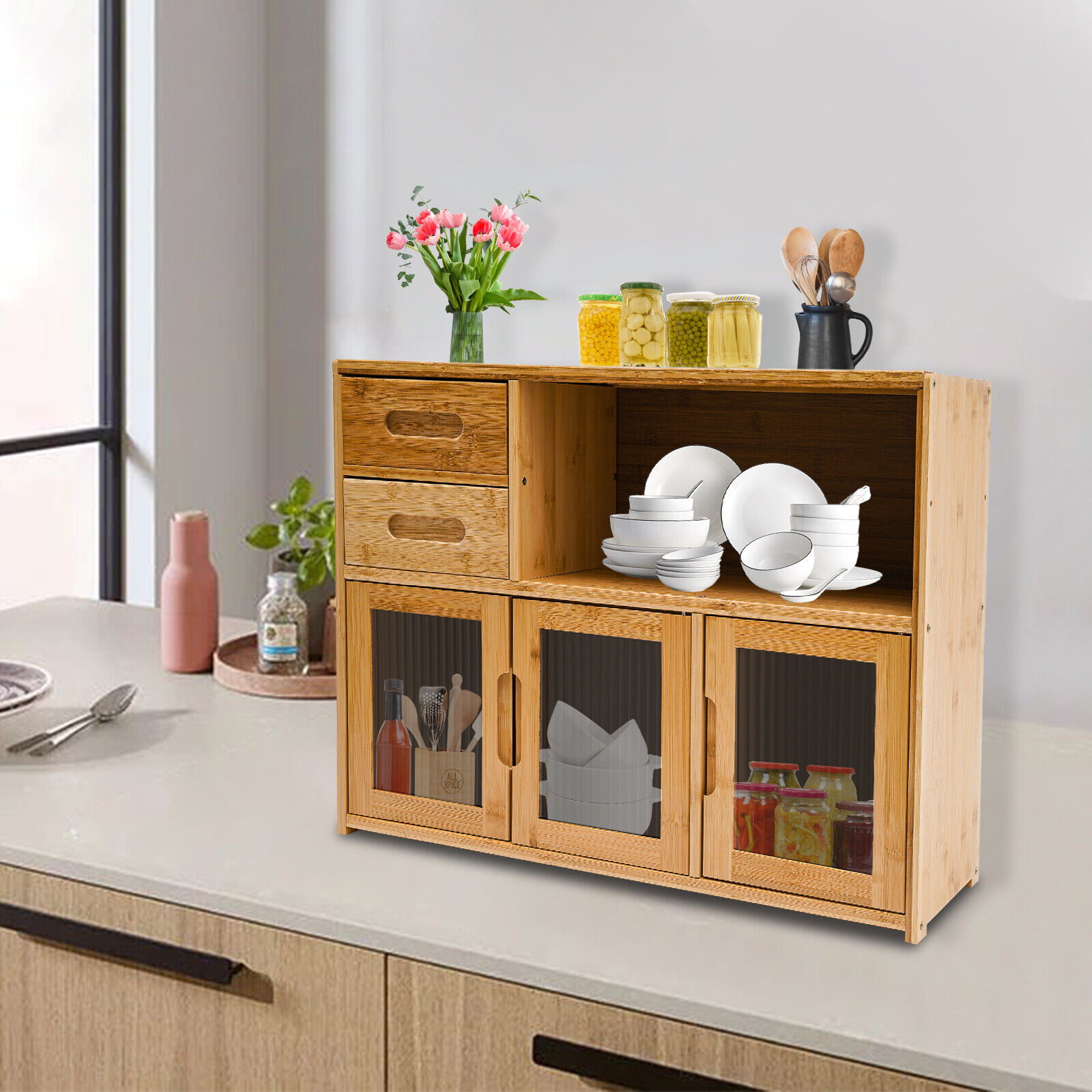 Bamboo Countertop Shelf Storage Cabinet Shelf Kitchen Pantry Sideboard with 2 Drawers