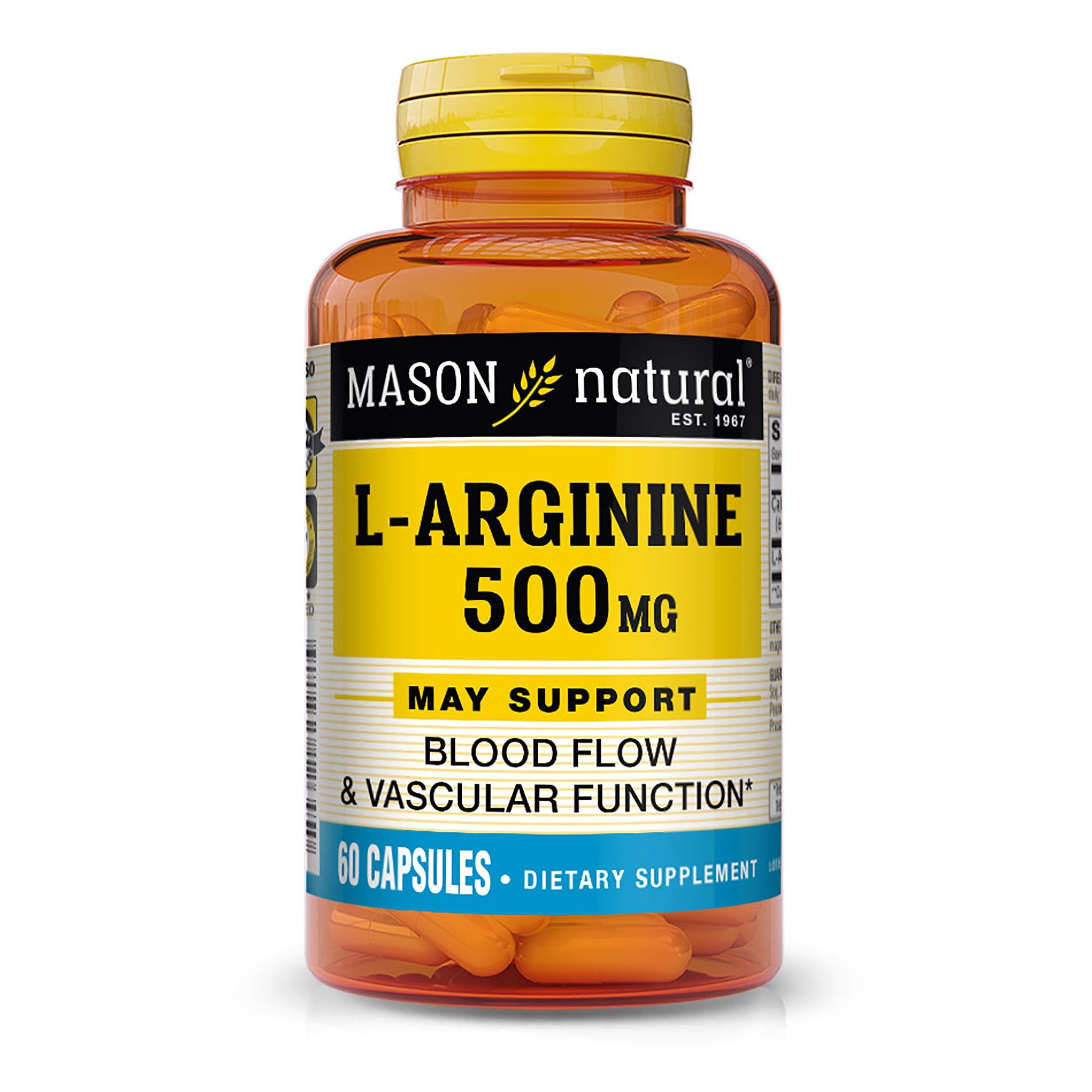 Mason Natural L-Arginine 500 mg with Calcium- Supports Healthy Circulation & Vascular Function, Nitric Oxide Supplement, 60 Capsules