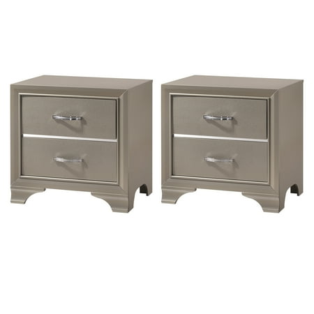 Gold Mirrored Nightstand Home Source Mcphearson 2 Drawer Nightstand with Mirrored Bar Handles , Champagne Finish (Set of 2) ()