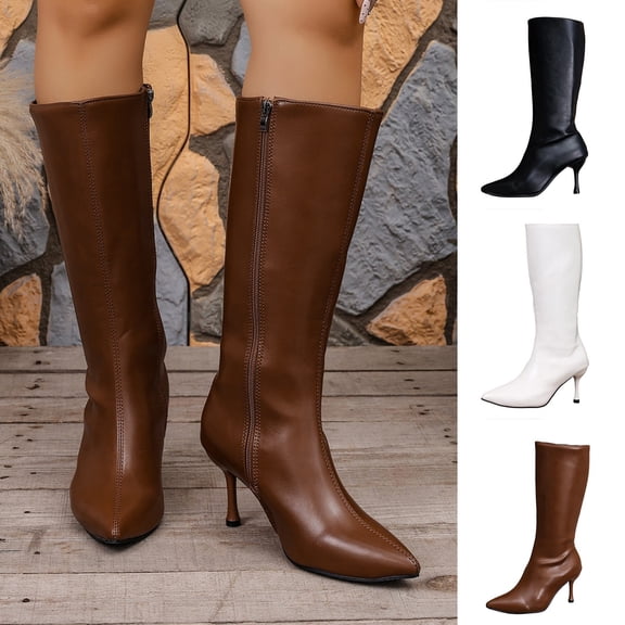 Women's Pointed Toe Knee High Boots, Faux Leather Stiletto Heel Tall Boots, Side Zipper Elegant Dress Boots for Party Wedding