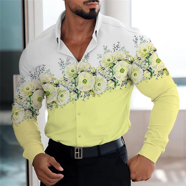 Camisa de hombre con estampado floral y solapa para exteriores, ropa de calle de manga larga estampada, diseño transpirable