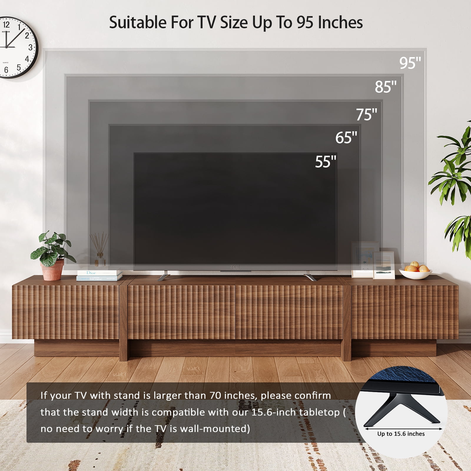 98" Walnut Modern TV Stand, Large Entertainment Center with Drawers & Storage Compartments, Fits 55"-95" TVs for Living Room