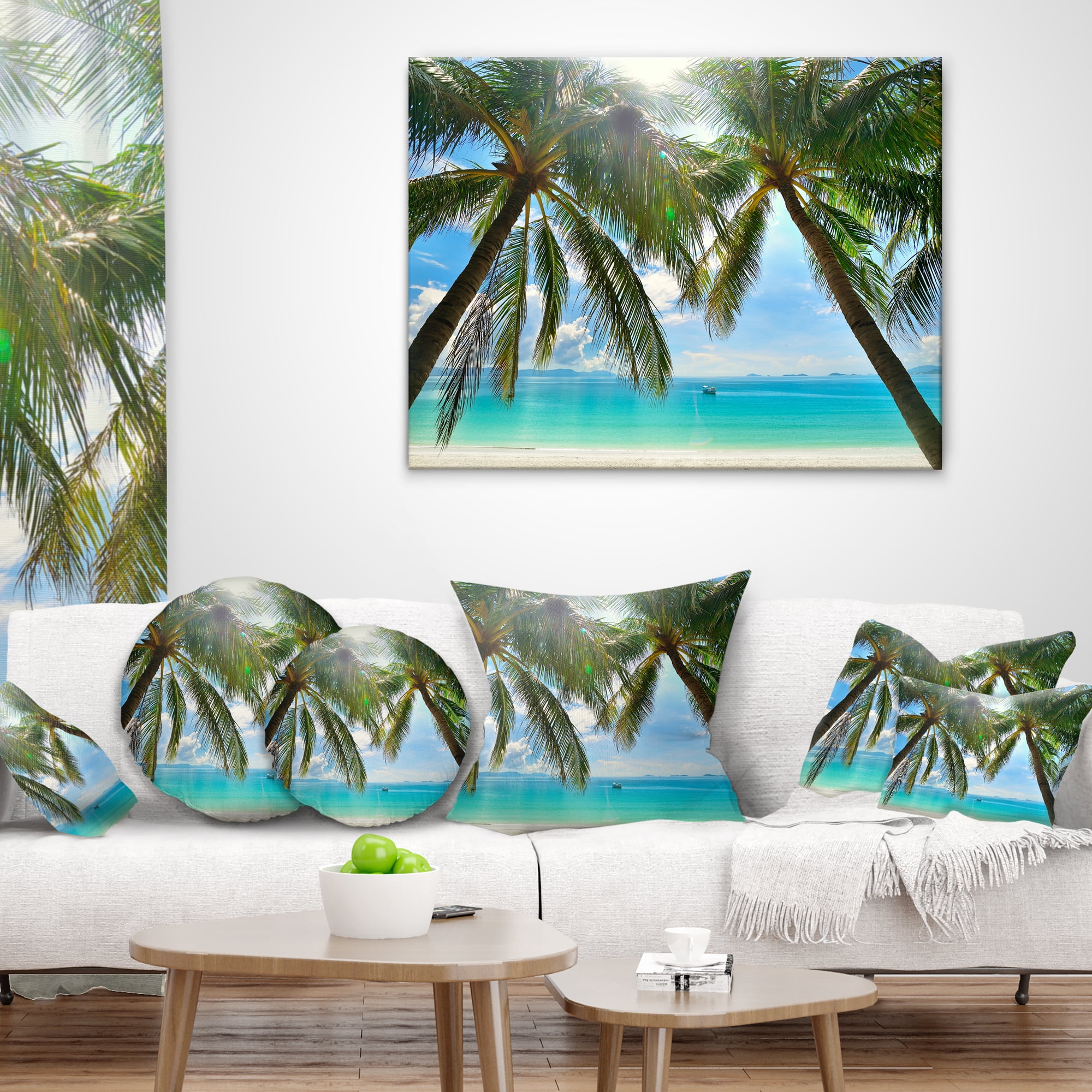 Designart Palm Hanging over Sandy White Beach - Seashore Photo Throw Pillow - 16x16