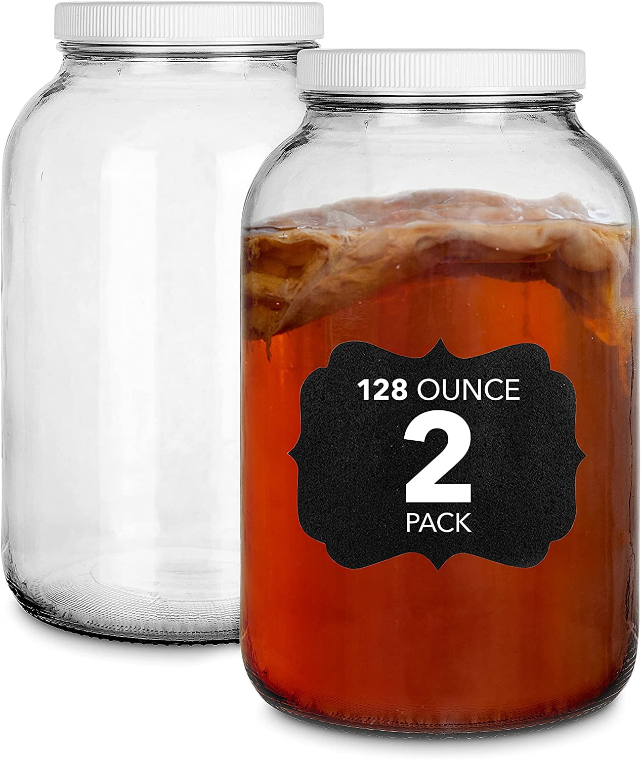 Large 128 oz Glass Food Storage Jar with Lid (2 Pack) Pickling Fermenting Container with Labels by Stock Your Home