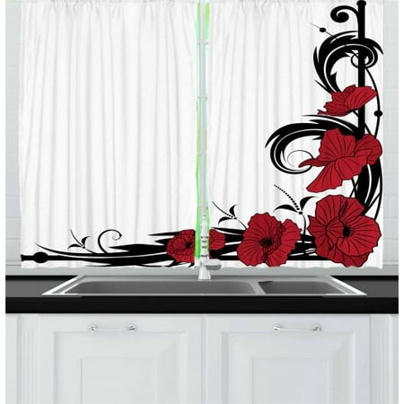 Art Nouveau Poppy Art Nouveau Curtains 2 Panels Set, Poppy Bouquet Branches Romantic Pastoral Idyllic Meadow Blossom Vintage, Window Drapes for Living Room Bedroom, 55W X 39L Inches, Black Ruby White, by Ambesonne ()