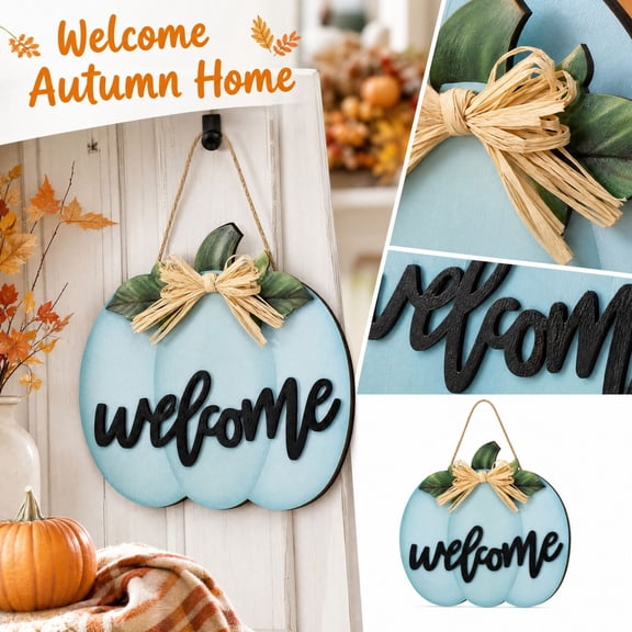 Thanksgiving Pumpkin Turkey Door Sign, Wooden Fall Wall Hanging for Front Door Entryway, Harvest Season Home Porch Decor for Cafe Restaurant Party, Autumn Welcome Accent