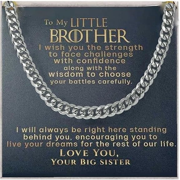 Men's Gold Silver Necklace, To My Little Brother Curb Chain Necklace, Cuban Link Chain Necklace for Little Brother from Sister with Message Card and Gift Box, Christmas Gift Little Brother