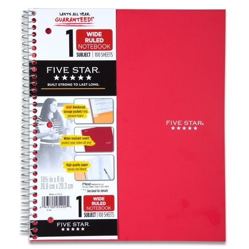 five star spiral notebook, 1 subject, wide ruled paper, 100 sheets, 10-1/2' x 8', red (72017)