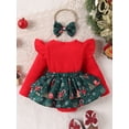 thumbnail image 3 of Baby Toddler Girls Christmas Romper Dress 0 6 9 12 18 Months Long Sleeve Letter Santa Hat Print Romper with Bow Headband, 3 of 9