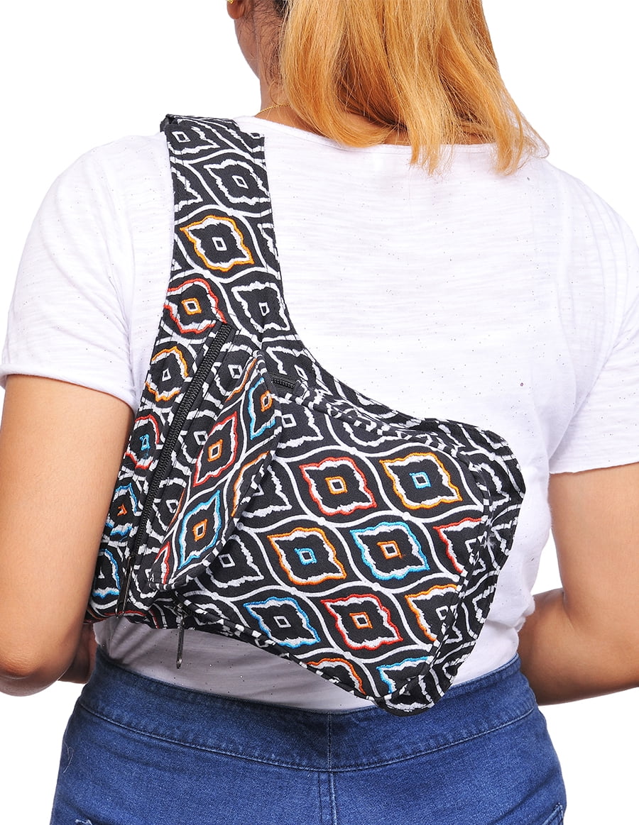 The Collection Royal Fanny Pack Crossbody Bags for Women| Cotton Canvas Boho Hippie Festival Colorful Belt Bag for Women (Black T)