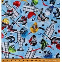 Cotton Hockey Sticks Helmets Skates Cup Trophy Sports Hockey Motifs Blue Hat Trick Cotton Fabric Print by the Yard (12770-55)