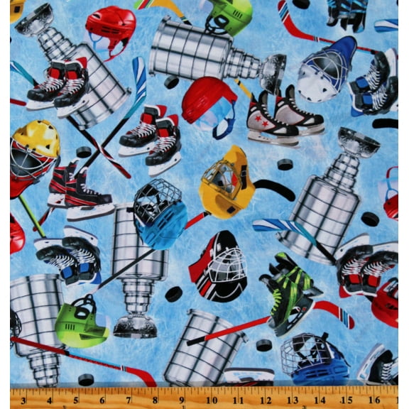 Cotton Hockey Sticks Helmets Skates Cup Trophy Sports Hockey Motifs Blue Hat Trick Cotton Fabric Print by the Yard (12770-55)