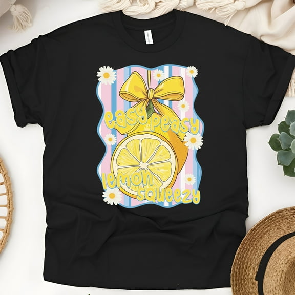 Easy Peasy Lemon Squeezy T-Shirt for Women, Cute Pastel Lemon and Bow Graphic Tee, Black, Size S