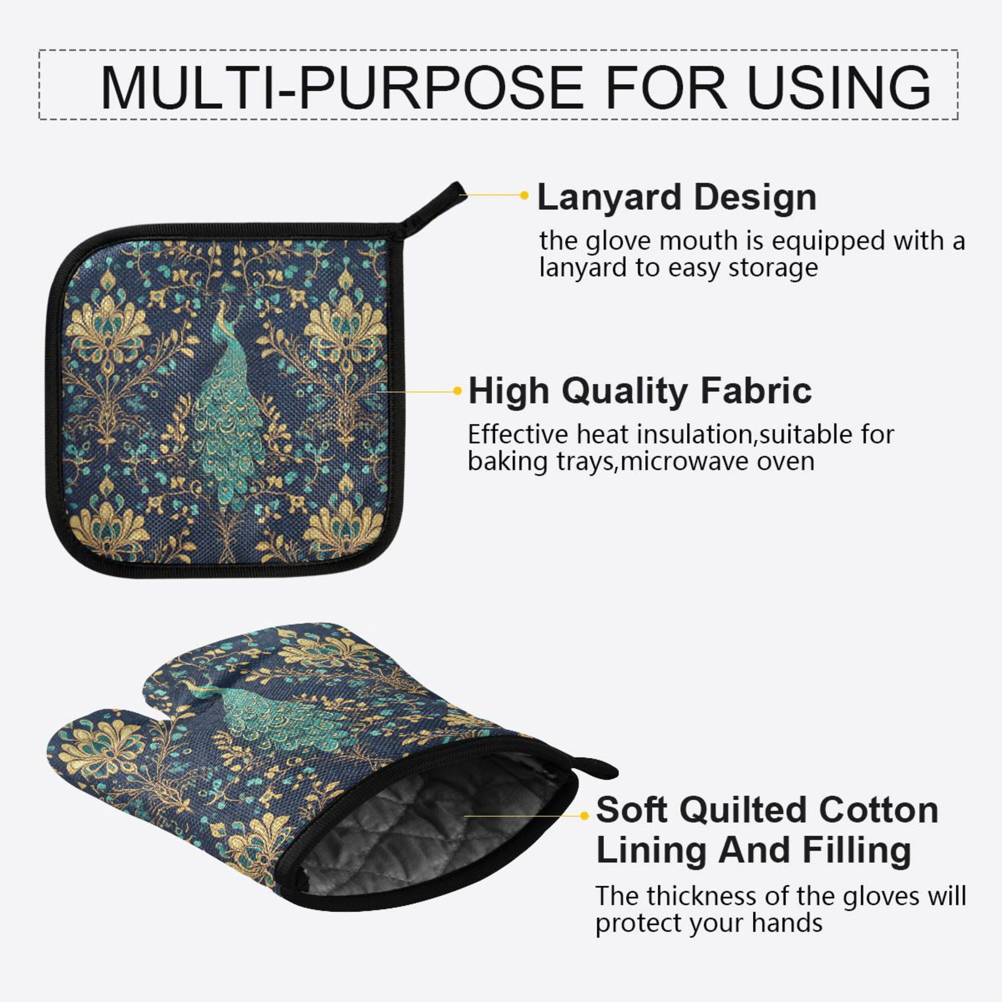 Yayeee Oven Mitts and Pot Holder Set of 4 Heat Resistant Kitchen Gloves Baking Hot Pad, Navy Blue Peacock Pattern
