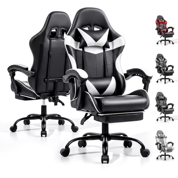 Black & White Gaming Chair Ergonomic Computer Office Chair With Footrest Lumbar Support Height Adjustable 360° Swivel Seat And Headrest