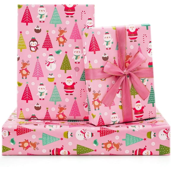 Christmas Wrapping Paper Vintage Santa Bear Snowman Pink 7 Sheets 20x30 Inches Folded Flat For Kids Christmas Party