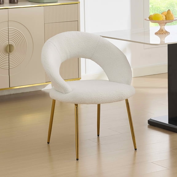 MAYEERTY Set of 1 Teddy Fabric Dining Chair, Curved Backrest & Golden Metal Legs, for Kitchen & Dining Room, White