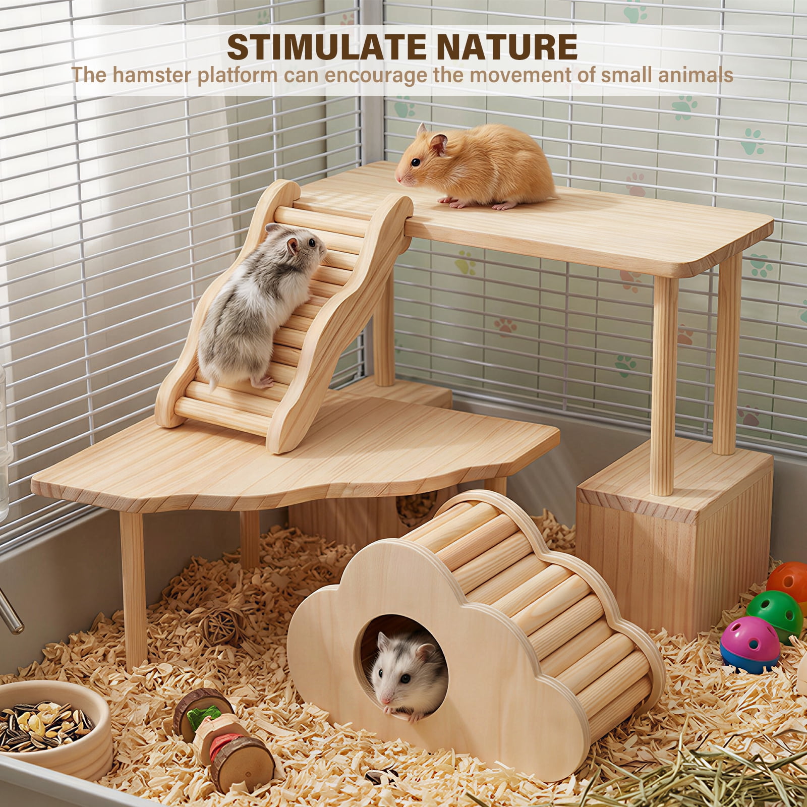 4 Pcs Hamster Platform Hideout Wood Ladder Playhouse Hamster Game Climbing Toy with Platform Cage Accessories for Small Pet
