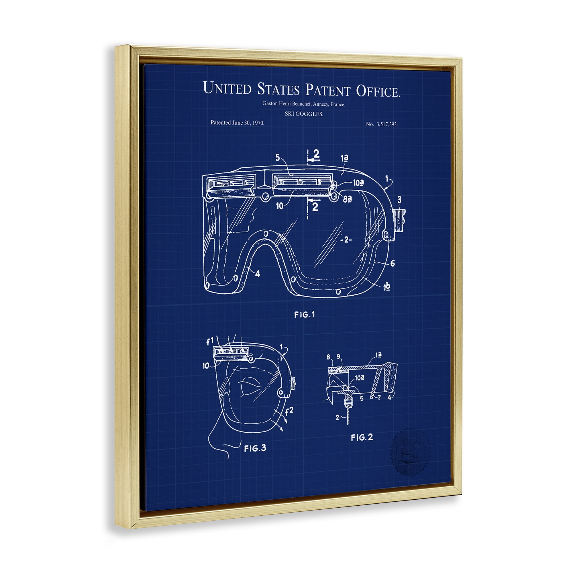 Stupell Industries Ski Goggles Blueprint Sports Painting Gold Floater Framed Art Print Wall Art, 17 x 21