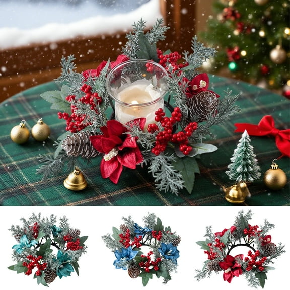 Yhmxh Christmas Candle Rings Wreath Red Berry Garland Ring Holder Pinecones Wreaths Artificial Berries Snowy Pine Garland Candle Ring Holder for Christmas Wedding Home Table Centerpiece
