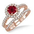 thumbnail image 1 of 2.25 Carat Red Ruby 6mm Round Cut Diamond Moissanite Antique Floral Halo Bridal set on 10k Rose Gold, 1 of 2