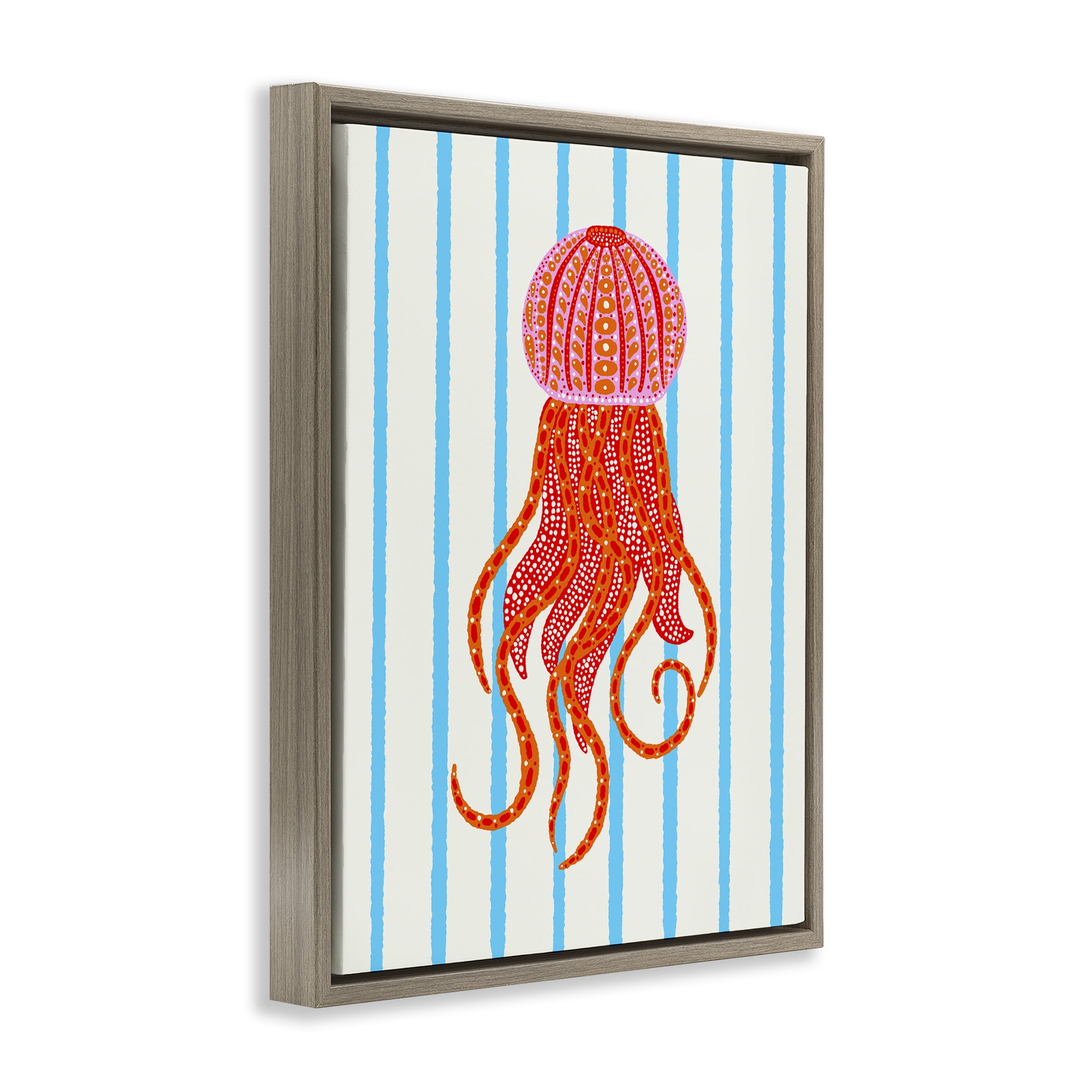 Stupell Industries Bright Aquatic Jellyfish on Stripes Brown Framed Floater Canvas Wall Art, design by Indira Prieto | IndySign