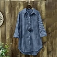 thumbnail image 2 of Womens Tops Linen Plaid Collar Long Sleeve Retro Button Up Womens Tee,Dark Blue,4XL, 2 of 6