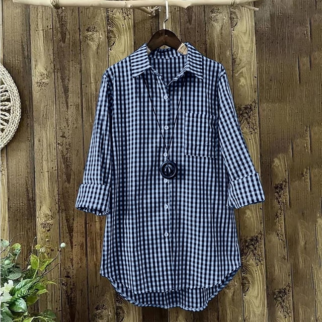 TINZ Chemise Rétro à Carreaux en Lin à Col à Manches Longues pour Femme, Boutonnée, 2 Chemises pour Femmes, Hauts d'Été, Chemise de Nuit