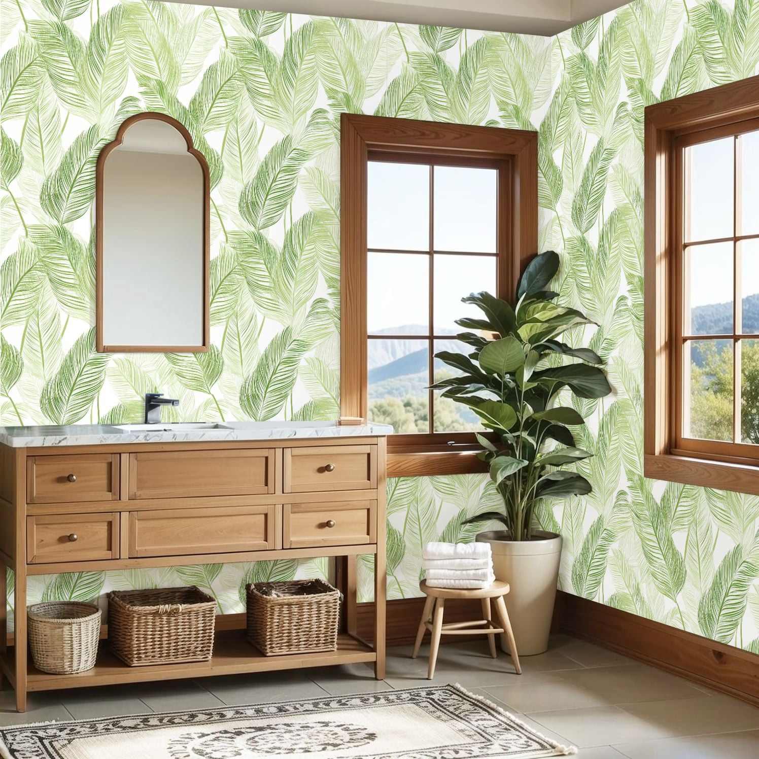Sage Green Peel and Stick Wallpaper Tropical Green Leaf Delicate Line Wall Mural 23.6in x 9.8ft Self Adhesive Removable Wall Paper Renter Friendly Wallpaper for Girls Bedroom