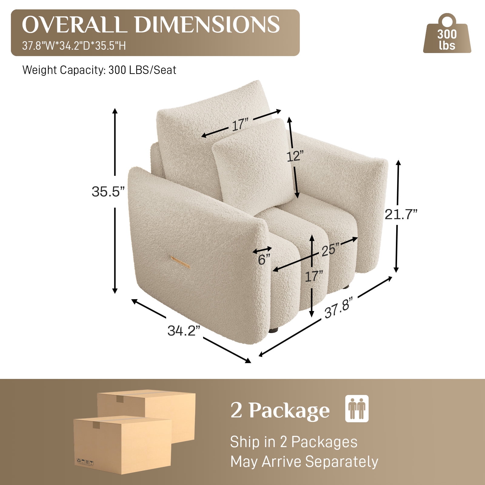 Wiilayok 33.5"D x 37.75"W Teddy Cloud Sofa Couch, Comfy Upholstered Sherpa Deep Seat Boucle Sofa, Cozy Modern Single Couch with 1 Pillows, Loveseat for Living Room Apartment Office, Brown