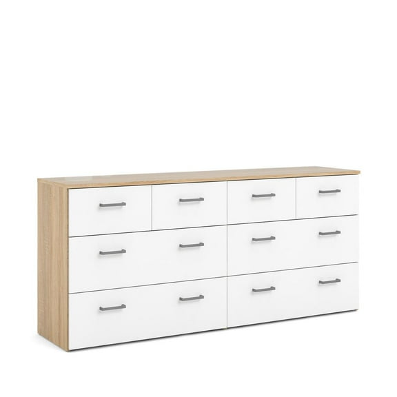 FurniFact Elegant 8 Drawer Double Dresser with Oak Structure and White Accents