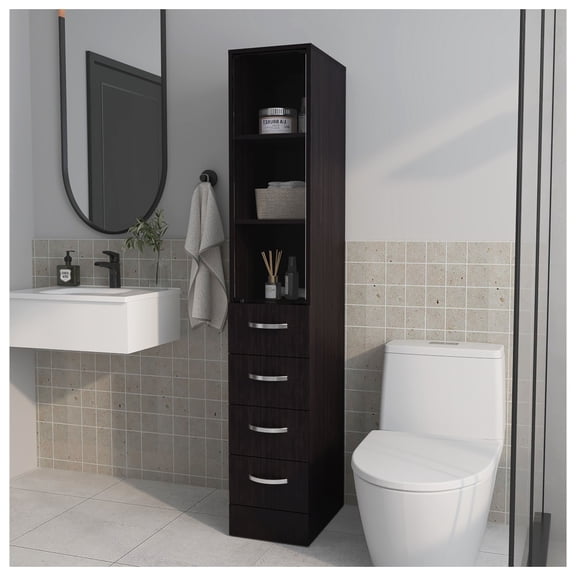Piñon Bathroom Linen Cabinet with Glass Door and Drawers, Wengue   Wenge     3   60 in & above   Bathroom   Freestanding   Modern   15 - 20 inches   Melamine   Particle Board