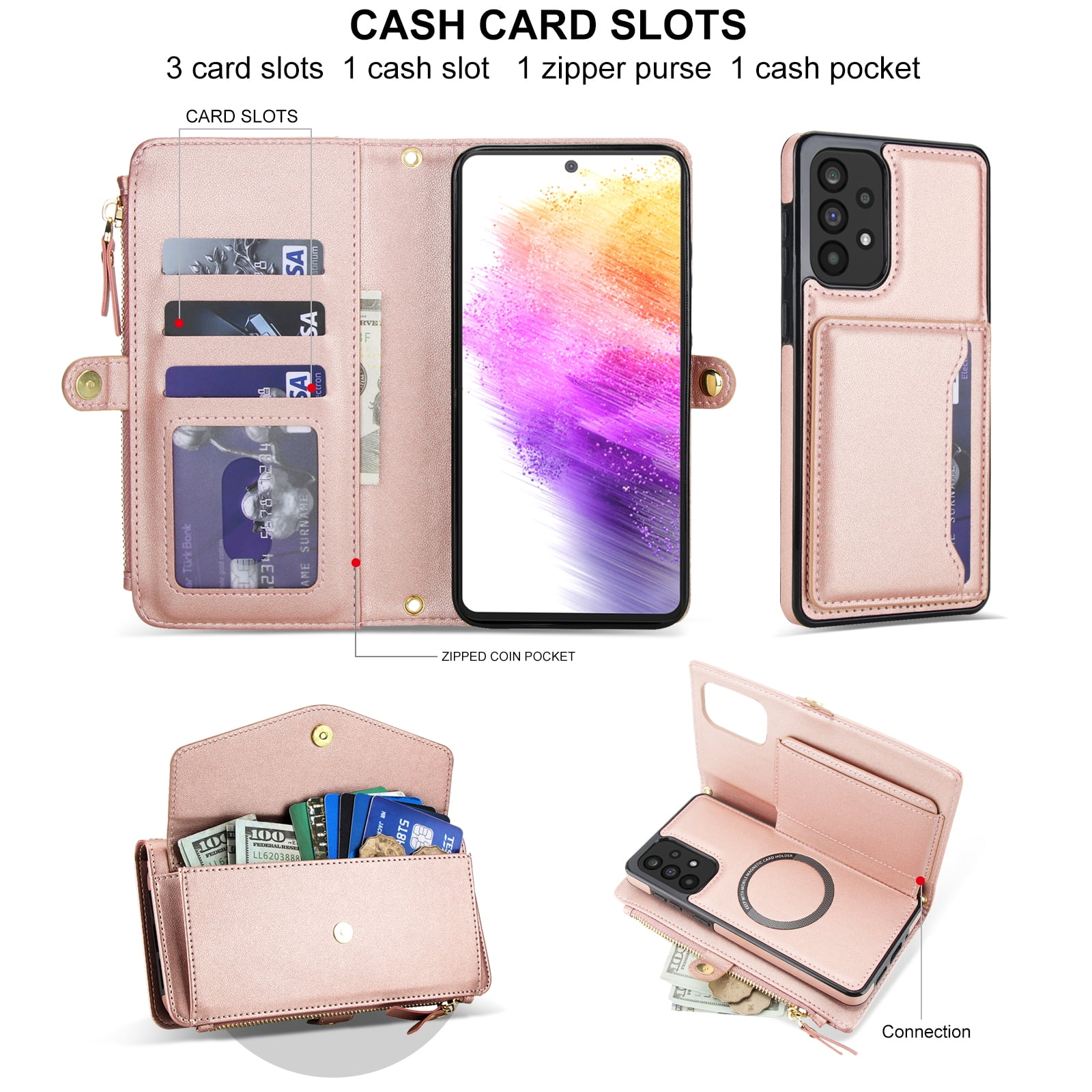 Designed for Samsung Galaxy A14 5G Multi-Function Wallet Phone Case,With Shoulder Strap&Wrist Strap,Cash Pocket&Card Slots,Zipper Purse,Magnetic Detachable PU Leather Flip Phone Case,Rosegold