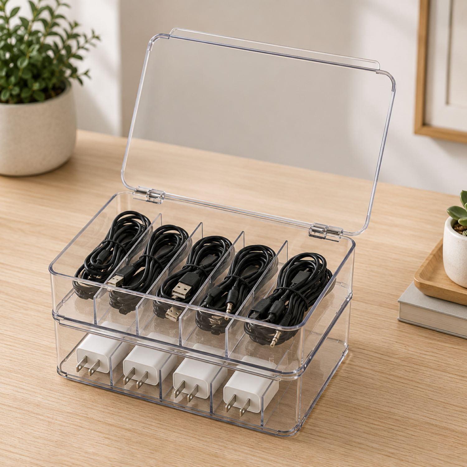 Sorbus Clear Cable Organizer Boxes with Lids, 2 Pack, for Chargers & Accessories