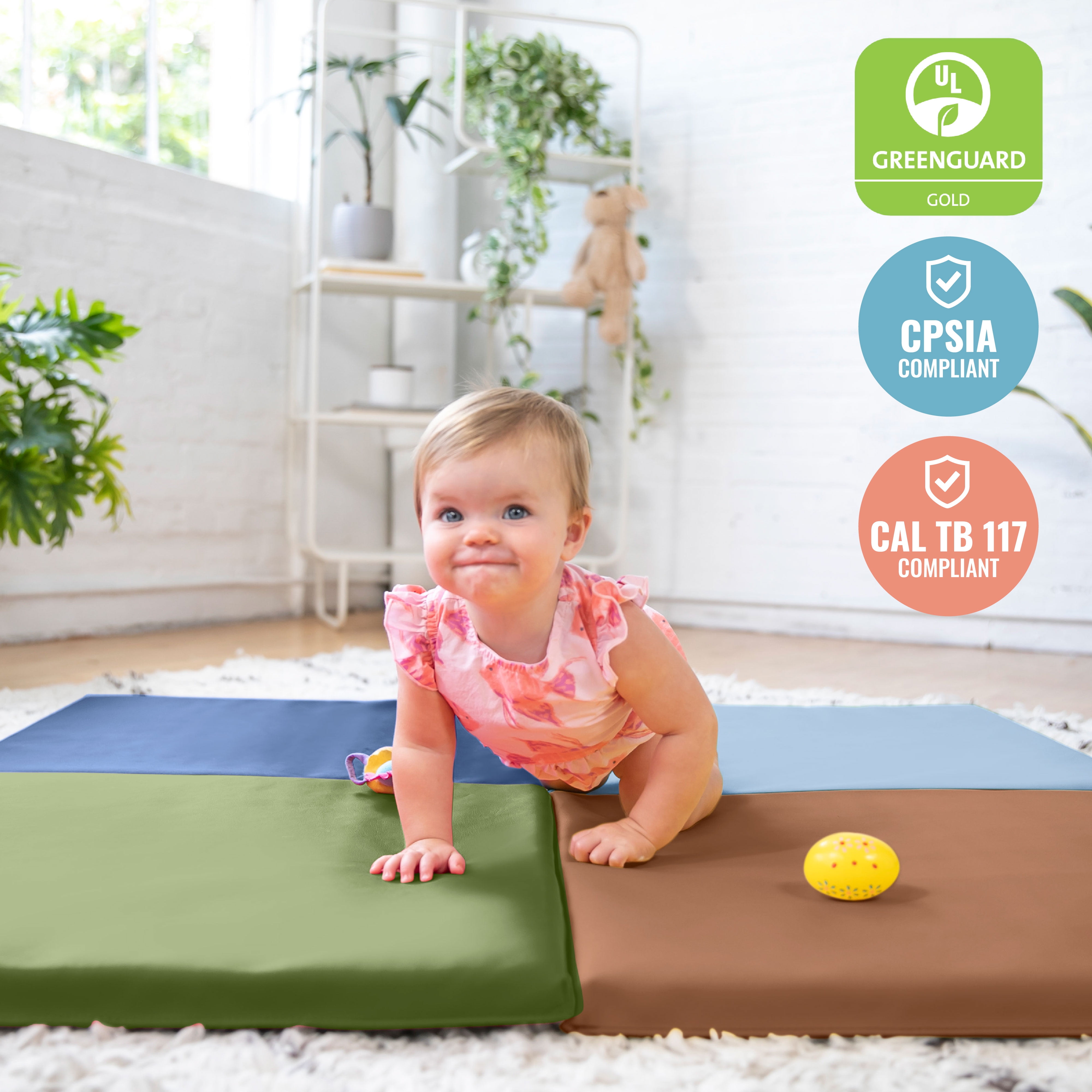 ECR4Kids SoftZone Quad Fold-N-Go Activity Play Mat, 48in Square, Baby Essentials, Earthtone