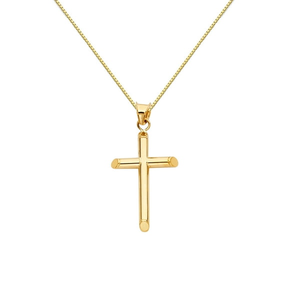 Wellingsale 14k Yellow Gold Polished Classic Religious Cross Charm Pendant with 0.8mm Box Link Chain Necklace - 16"