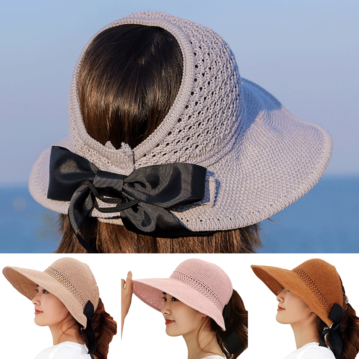 Women Straw Hat Sun Visor Wide Brim Floppy Foldable Hollow Summer Beach Cap 