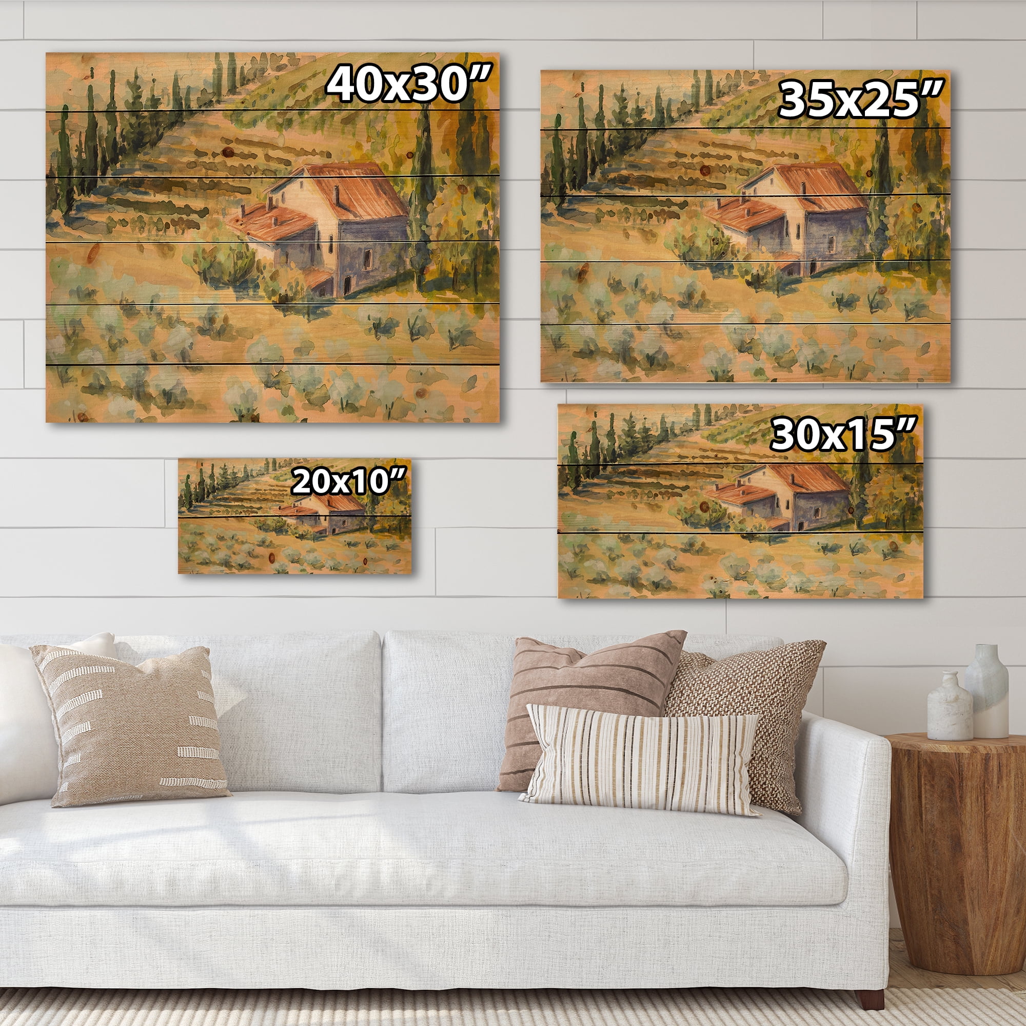 Designart 'Little Farmhouse In Countryside' Country Print on Natural Pine Wood