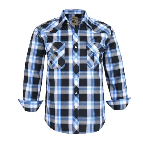 Coevals Club Men's Western Cowboy Long Sleeve Pearl Snap Casual Plaid Work Shirts (Black Blue #19 L)