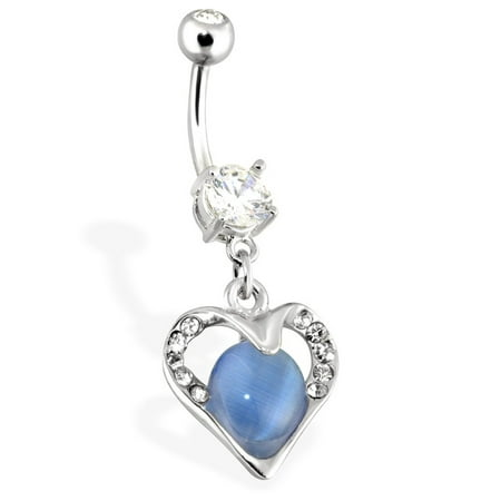 Encased Gems - Hollowed Heart With Paved Gems Encasing Blue Cats Eye Gemstone Dangle Surgical Steel Navel Ring
