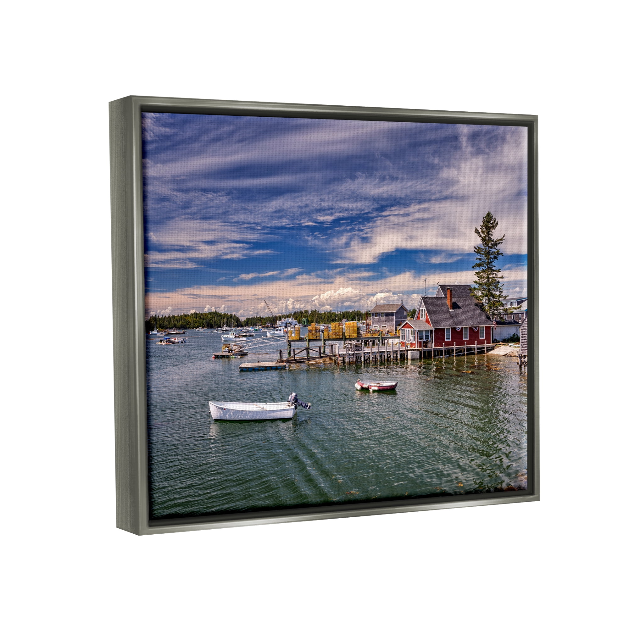 Stupell Seaside Marina Boat Harbor Landscape Photography Gray Floater Framed Art Print Wall Art