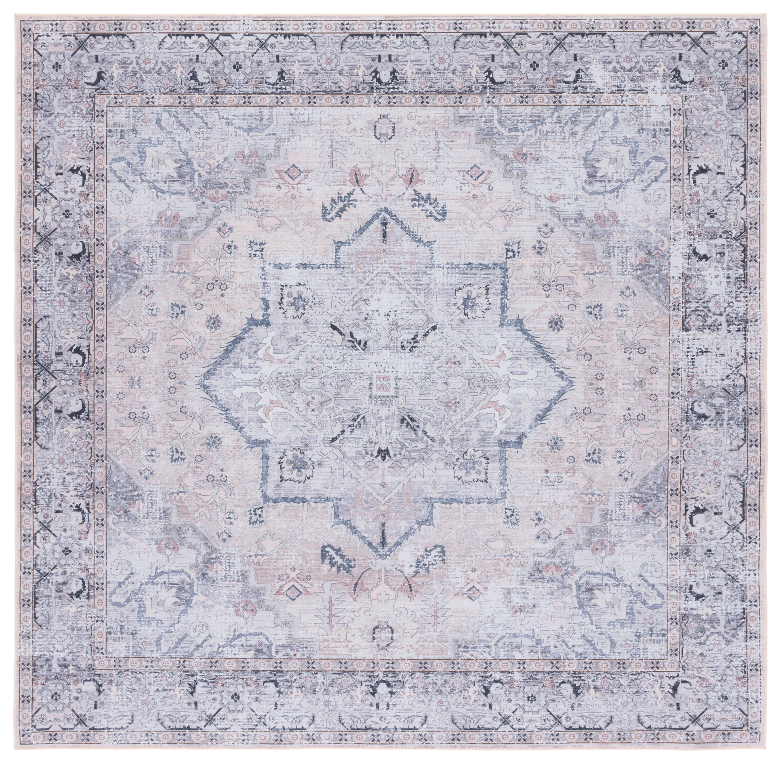 SAFAVIEH Tucson Beulah Oriental Machine Washable Area Rug, Beige/Grey, 8' x 8' Square
