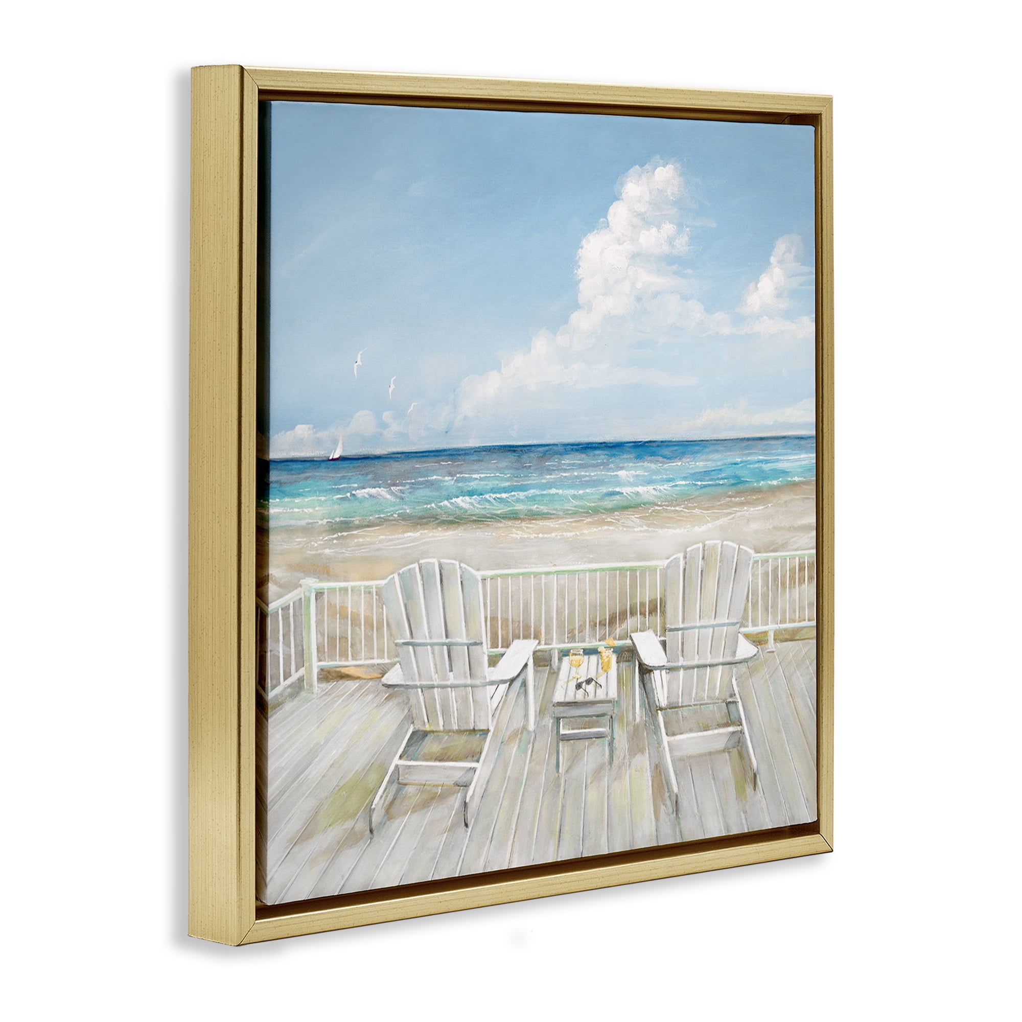 Stupell Industries Seats Overlooking Beach Nautical & Beach Painting Gold Floater Framed Canvas Art Print Wall Art, 18 x 18