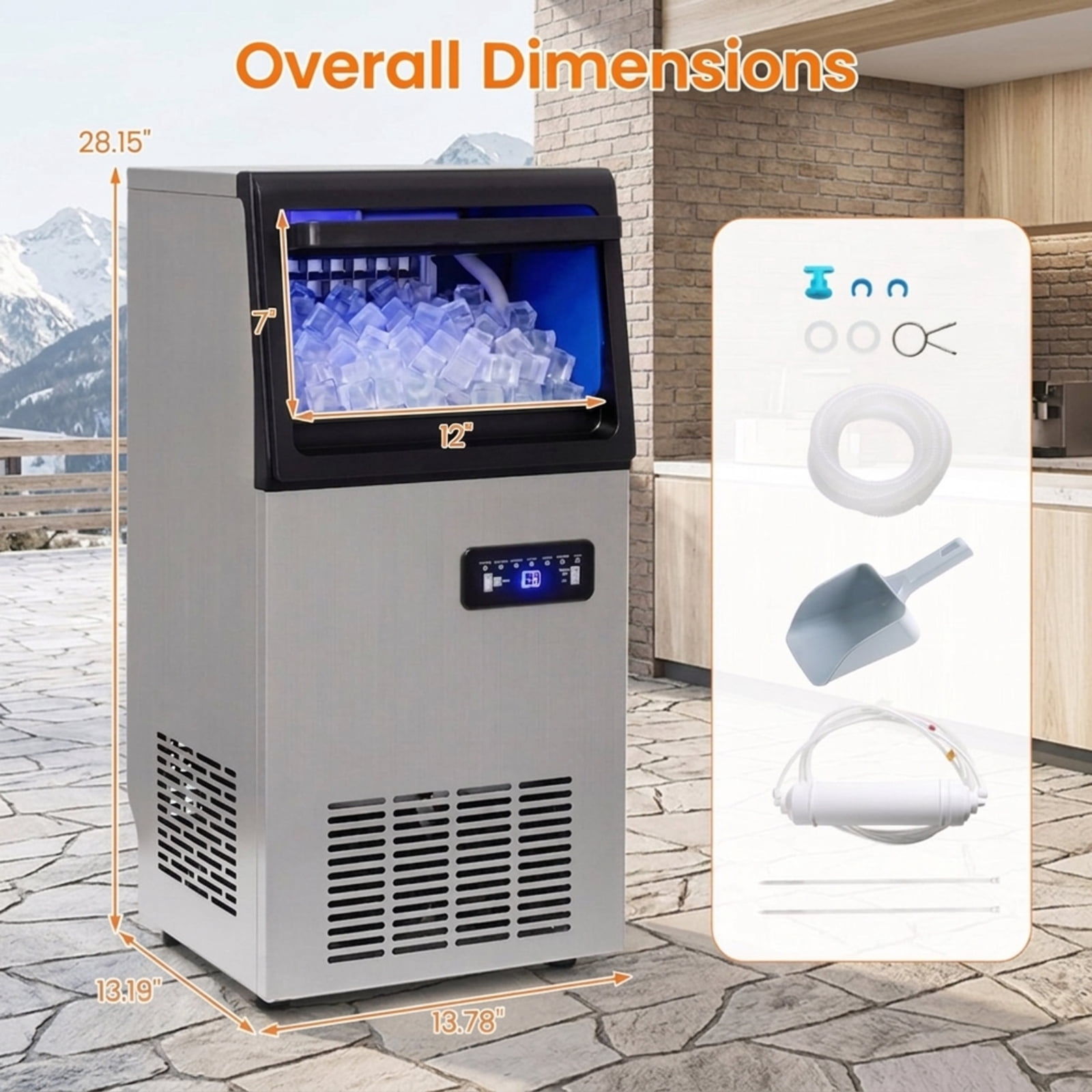 RUIE Stainless Steel Commercial Ice Maker 110 lbs/24H, Countertop Freestanding Ice Machine with 25 lbs Storage Bin for Home Bar Office Restaurant