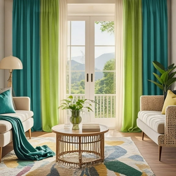 SMILETIME Green & Lake Blue Back Tab Curtains, 4 Panels Set Rod Pocket & Pinch Pleat Design Light-Filtering & Thermal Insulation Ideal for Living Room, Bedroom & Office Windows