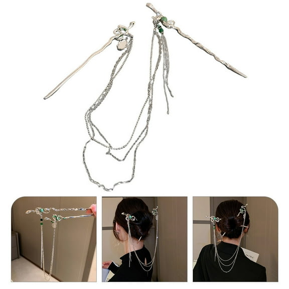OUNONA Elegant Hair Stick for Women with Dangle Chain in Silver Alloy for Daily Wear and Special Occasions 9 cm
