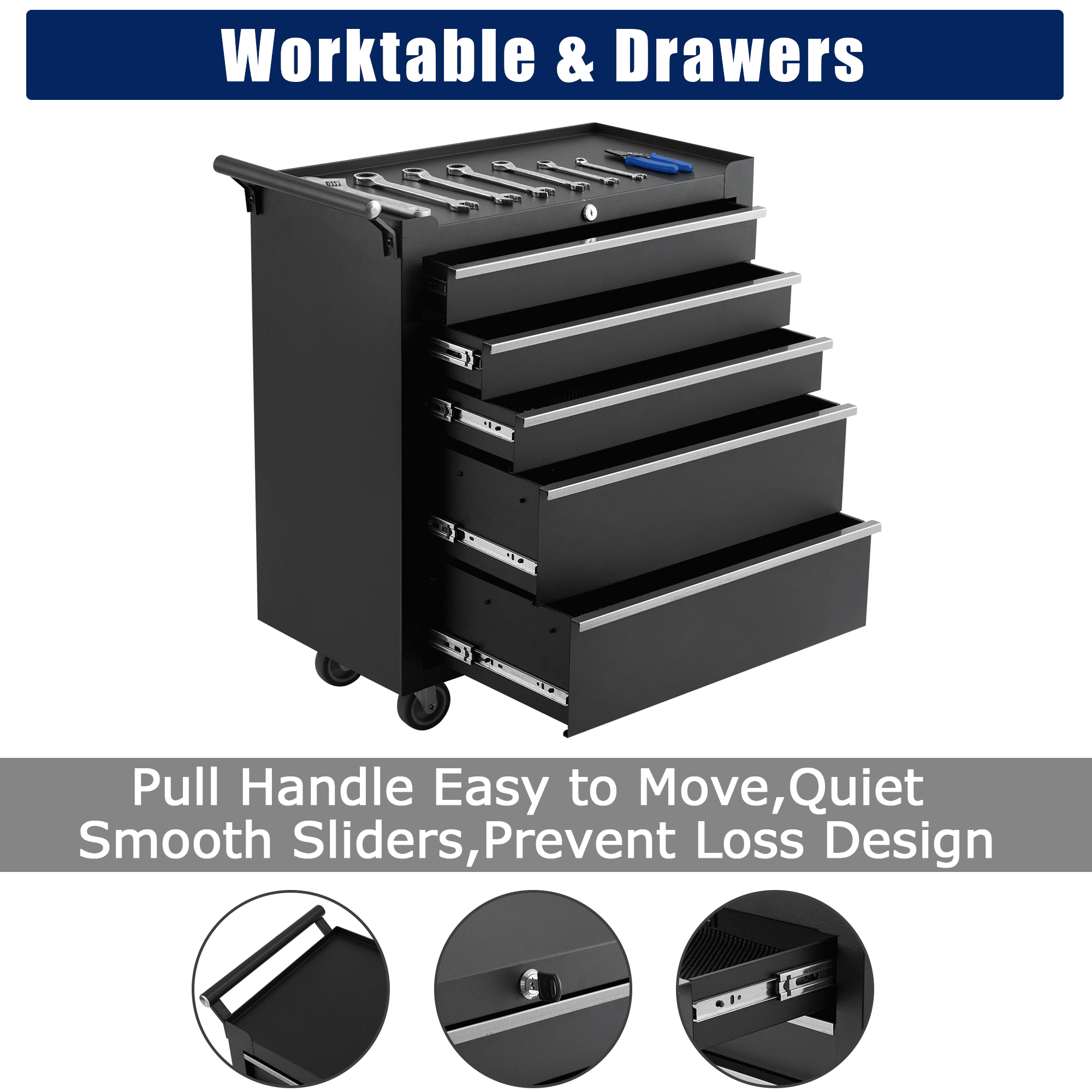 CuisinAid 5-Drawer Rolling Tool Chest with Wheels & Lock System, Portable Tool Box Storage for Workshop, Garage, Warehouse, Black