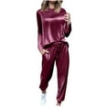 thumbnail image 3 of Women's Velour Track Suit, 2 Piece Velvet Loungewear Set, Long Sleeve Sweatshirt and Jogger Pants, Soft Comfort Outfit, Fall Travel Jogging Suit Wine S, 3 of 10