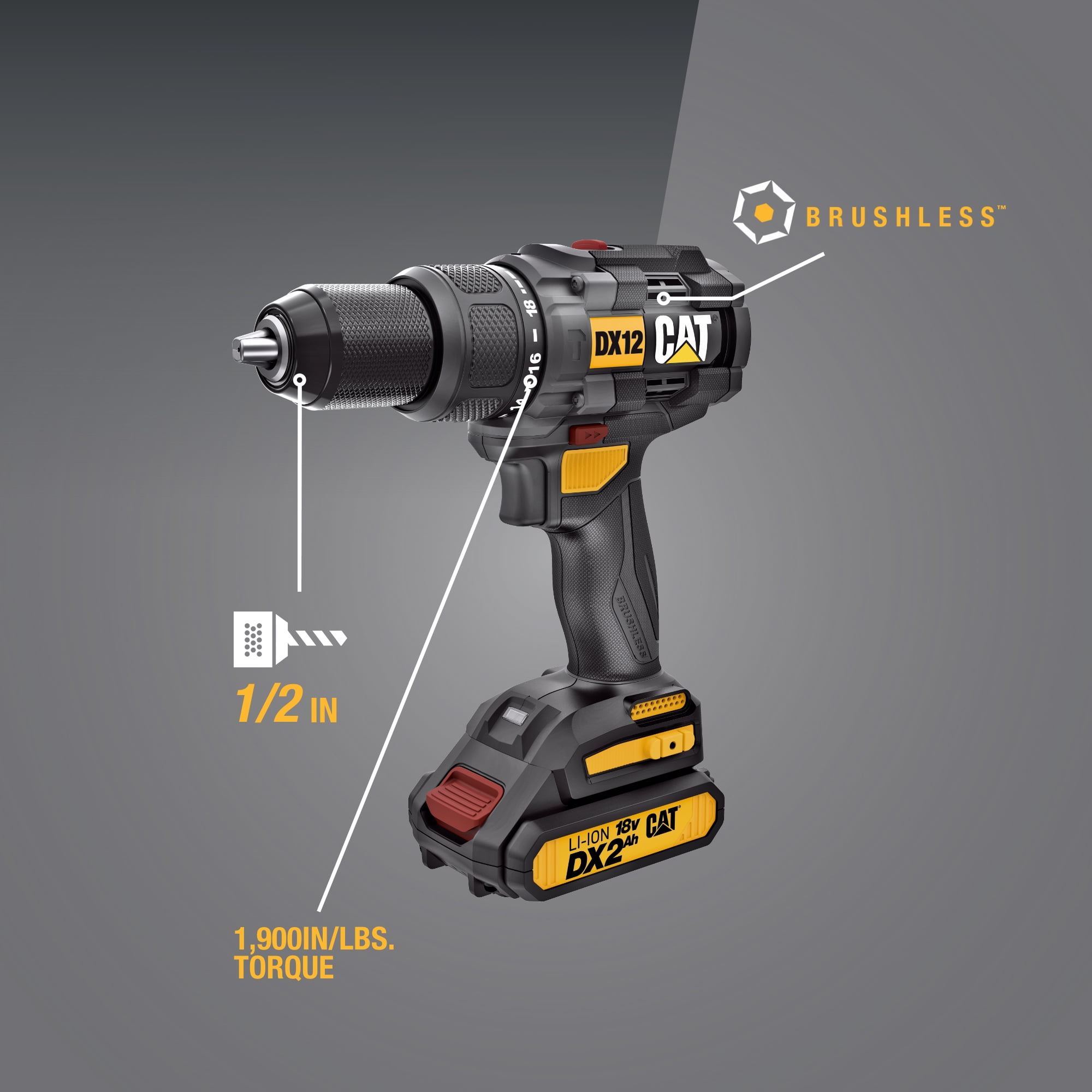 Caterpillar Cat® DX12 18V 1 FOR ALL  1/2” Cordless Hammer Drill with Brushless Motor and Two Batteries