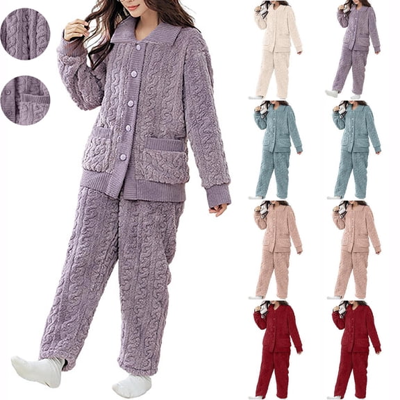 Elainilye Fashion Womens Pajamas Winter Warm Plush and Thick 2 Piece Pajama Set Button Lapel Double Pocket Homewear,Blue